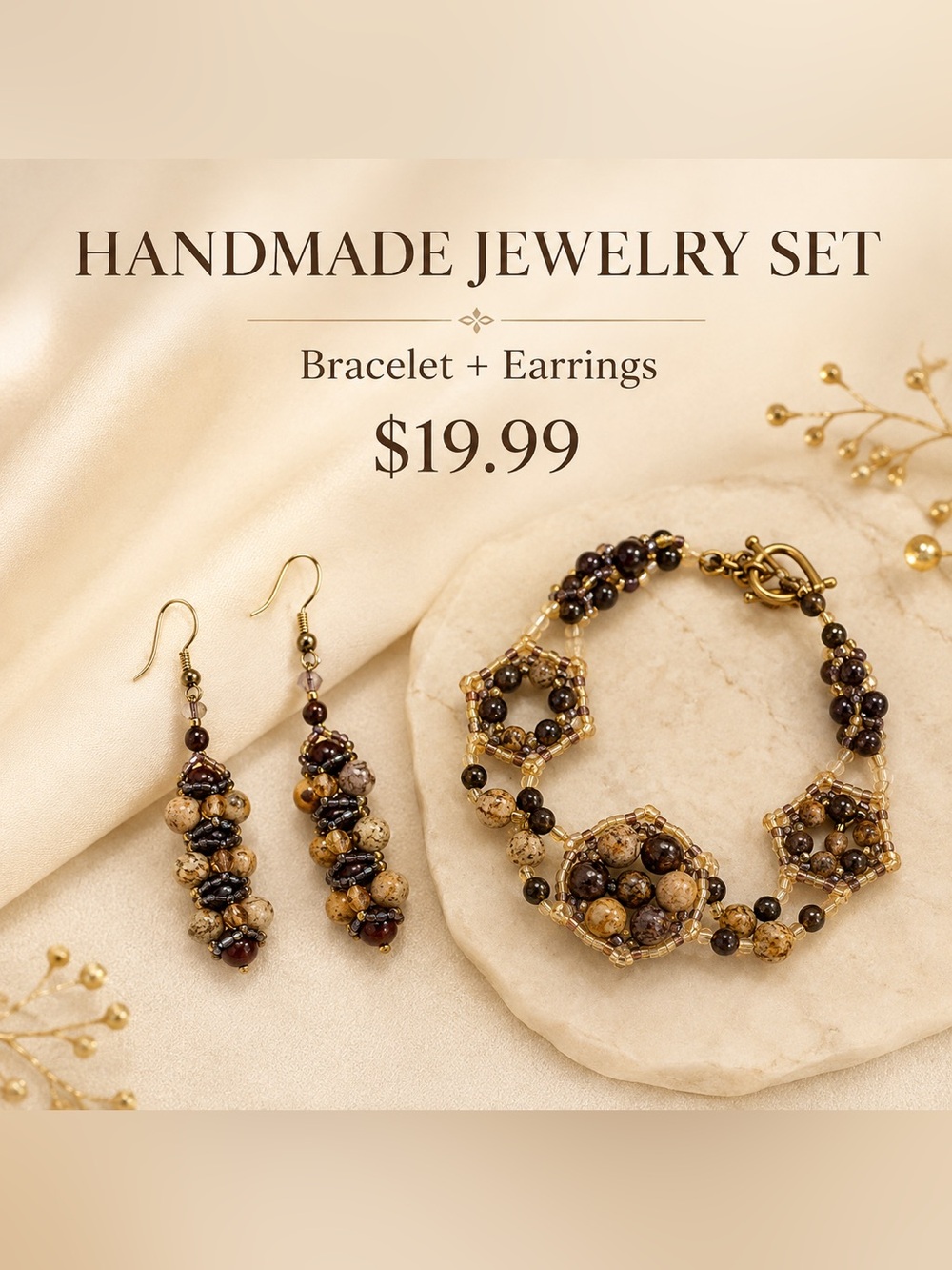 🩷. Handmade Brown Beaded Bracelet & Earrings Set